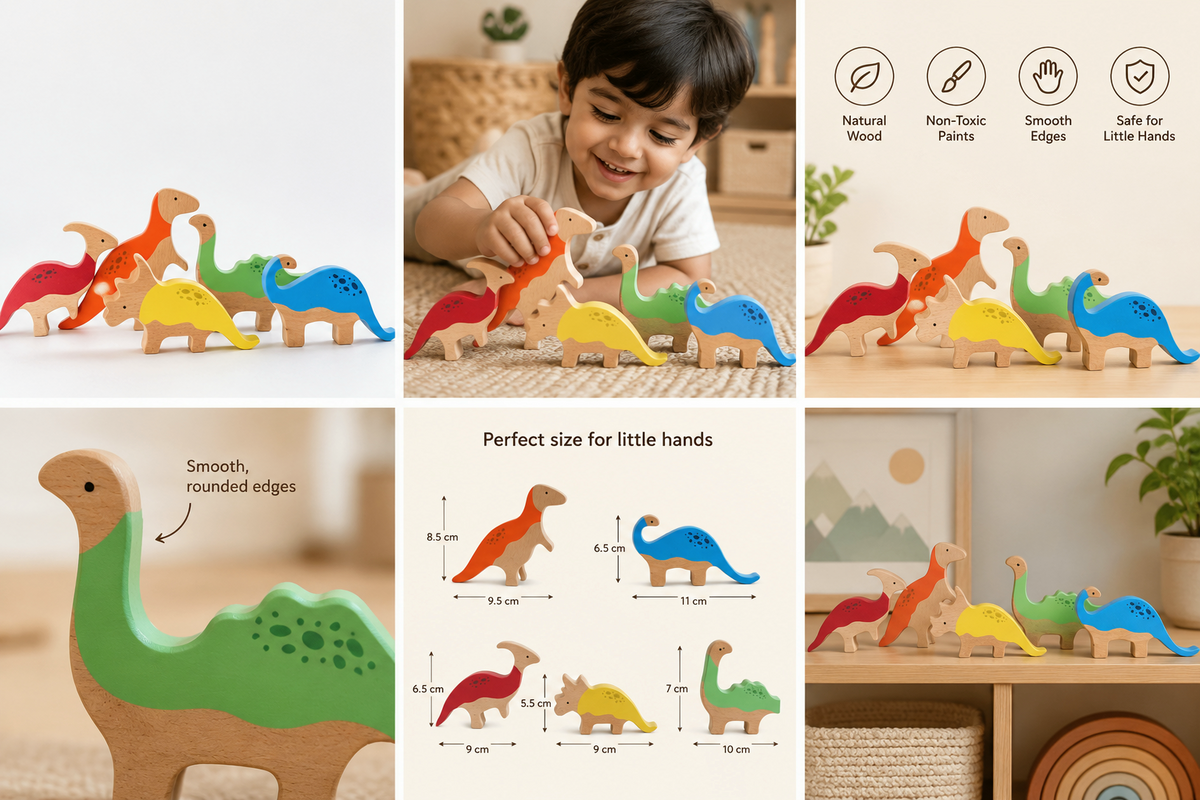 Pre- Order | Wooden Dinosaur Set | 6-Piece Open-Ended Montessori Toy