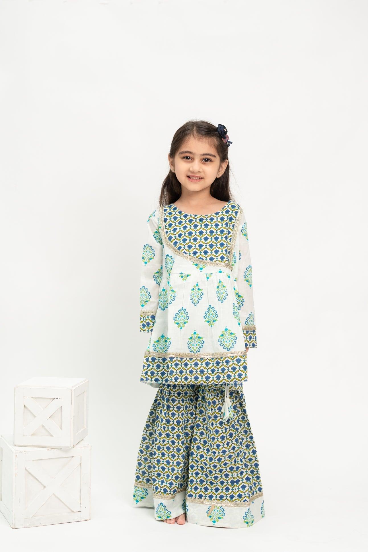 Girls Sharara Set - Blue Green booti with Gota Lace Work