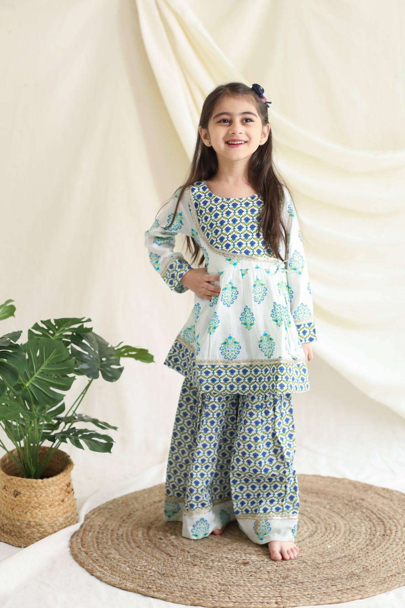 Girls Sharara Set - Blue Green booti with Gota Lace Work