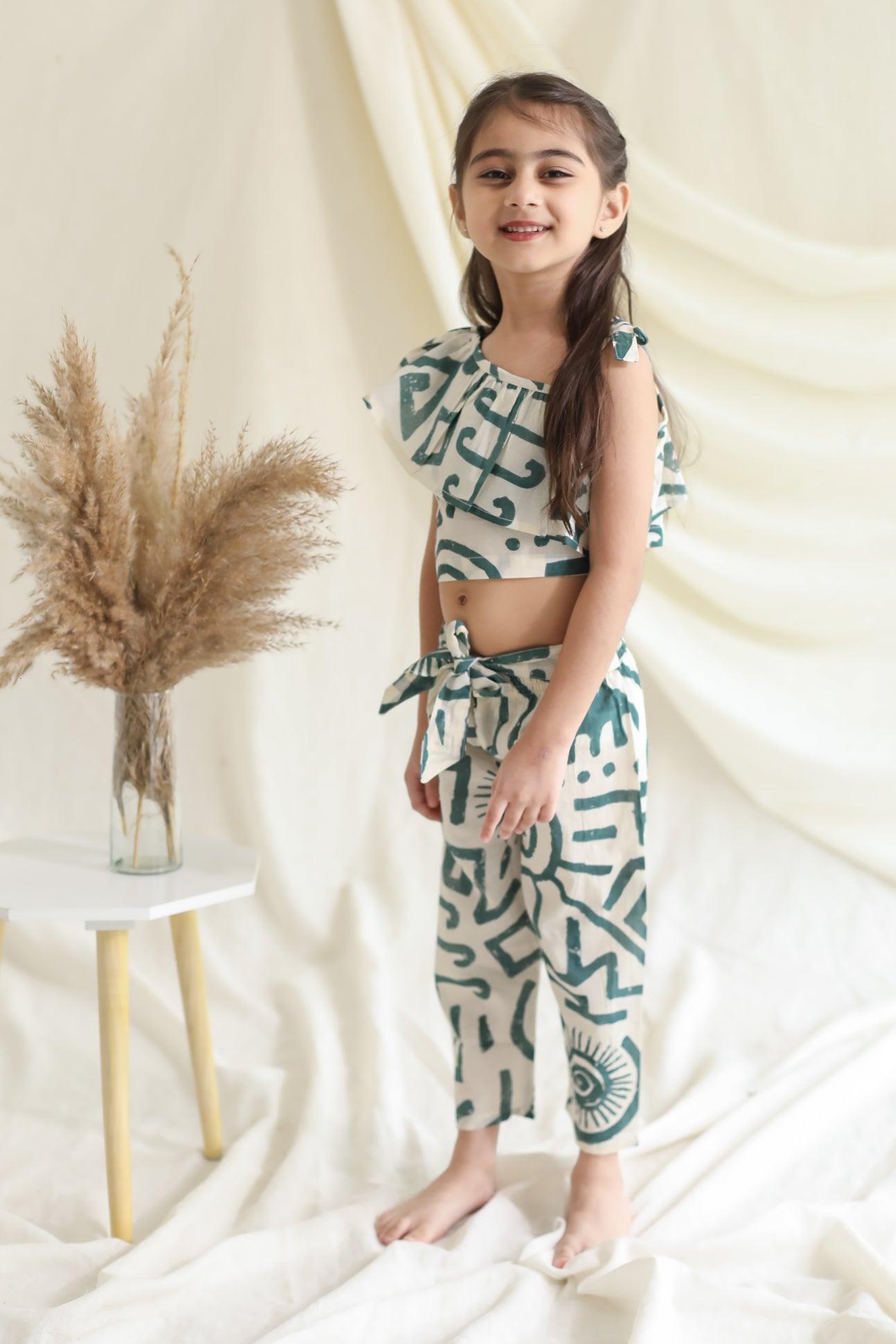 Top and Pant Set - Beige Green Abstract