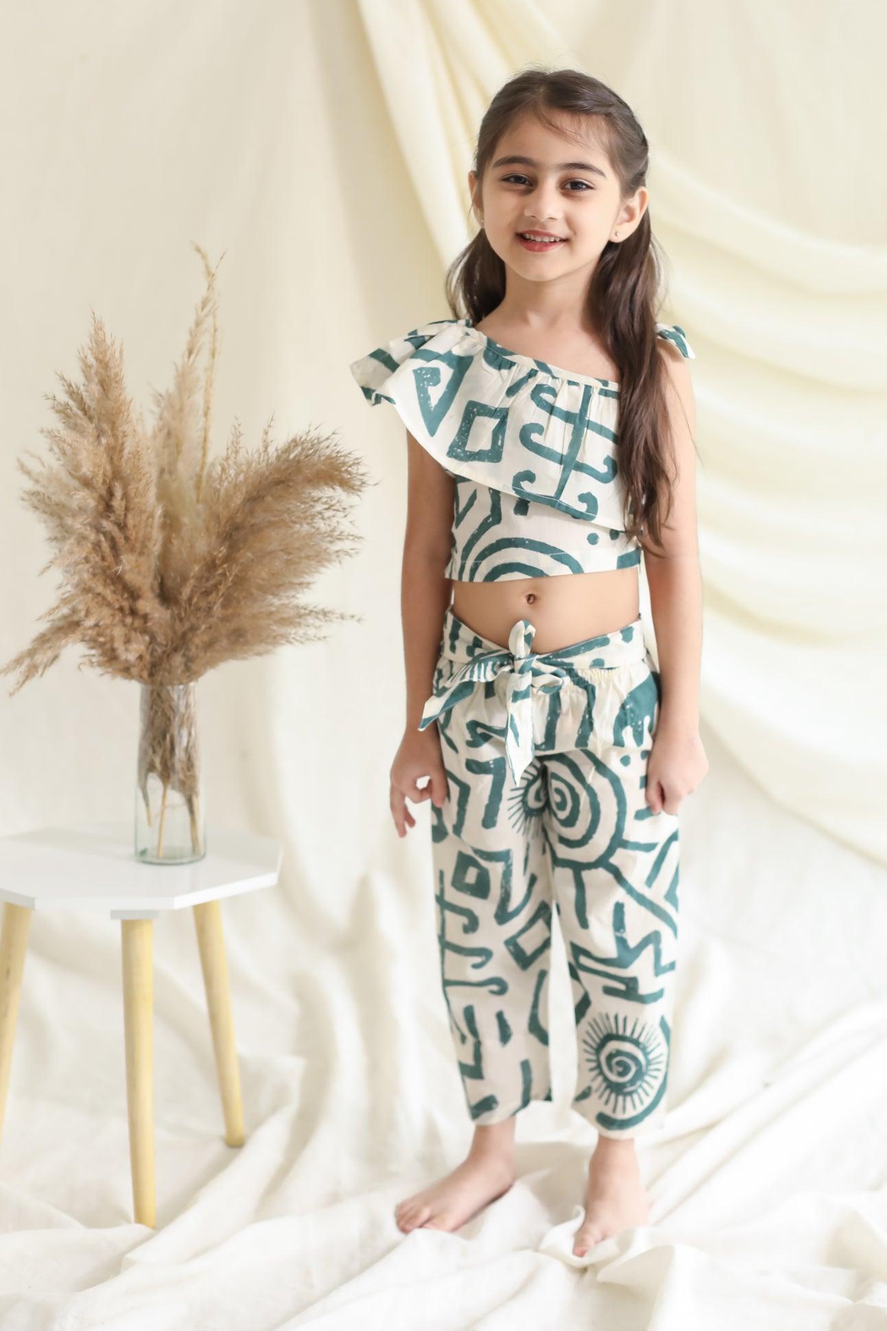 Top and Pant Set - Beige Green Abstract