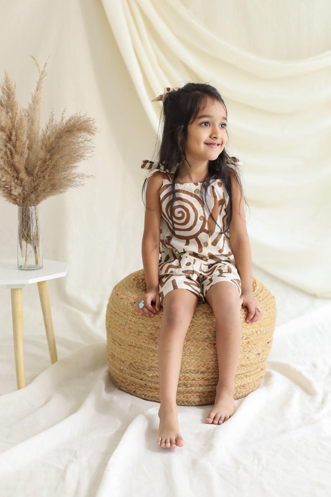 Top and Shorts Set - Beige Brown Abstract