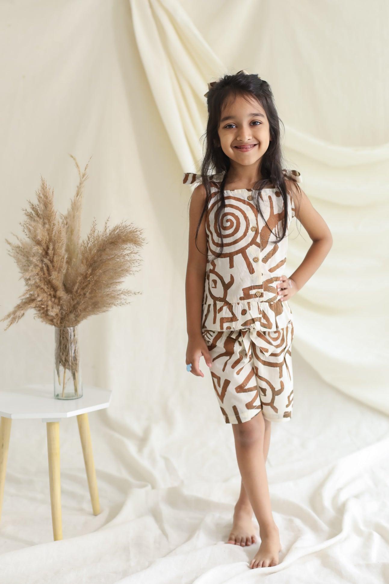 Top and Shorts Set - Beige Brown Abstract