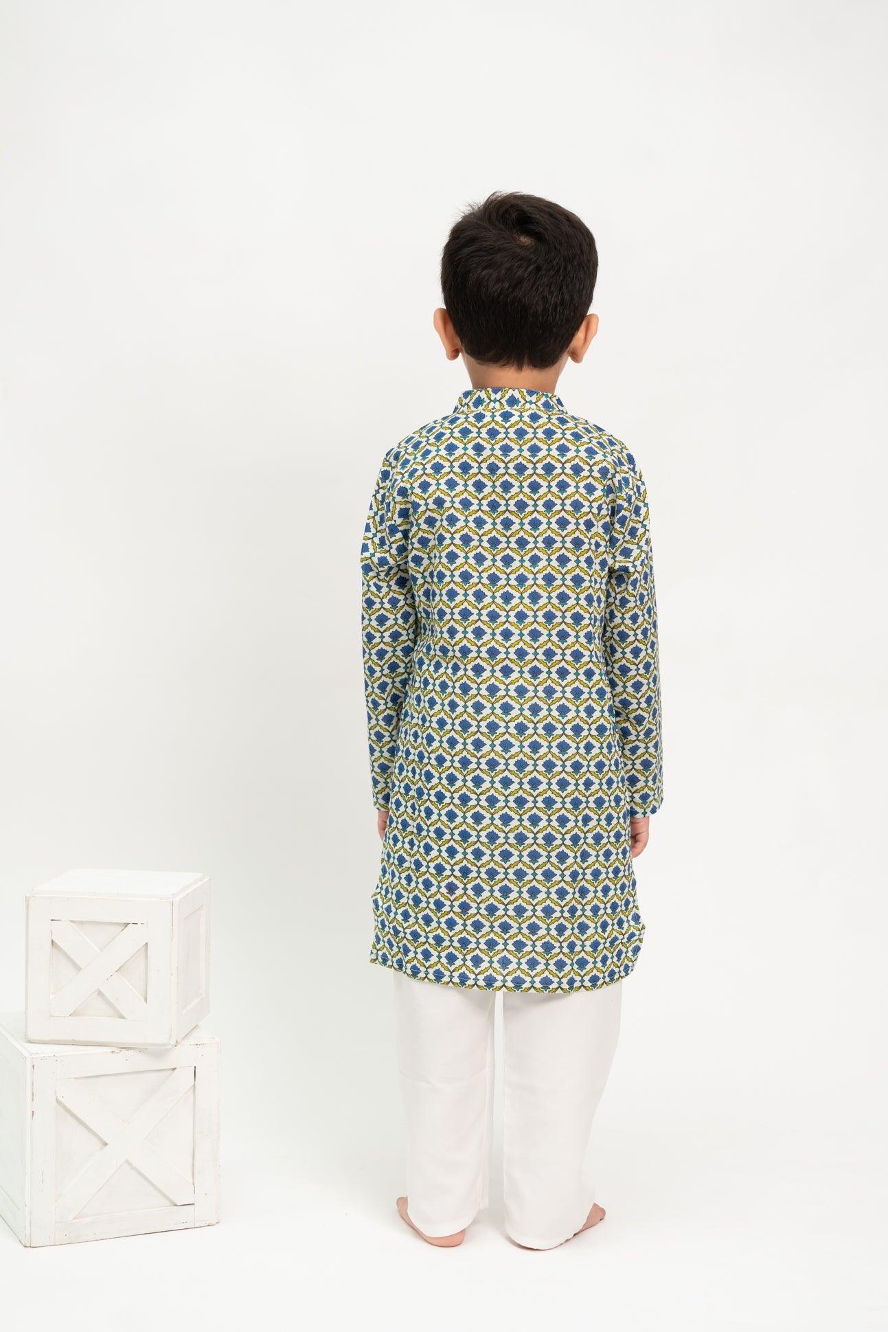 Long Kurta Pajama Set  - Blue Booti