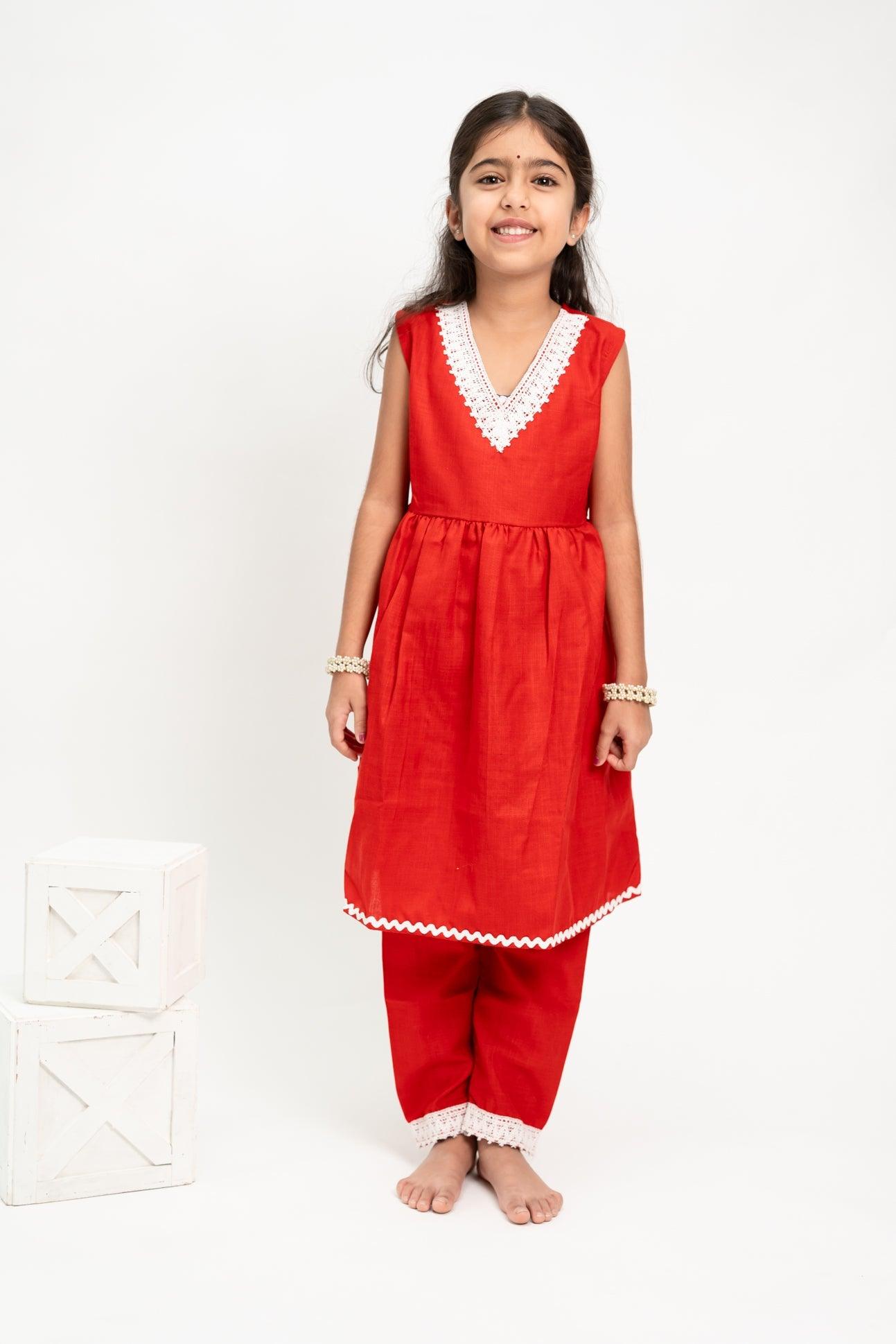 Girl Kurta and Pant Set - Solid Red with Lace