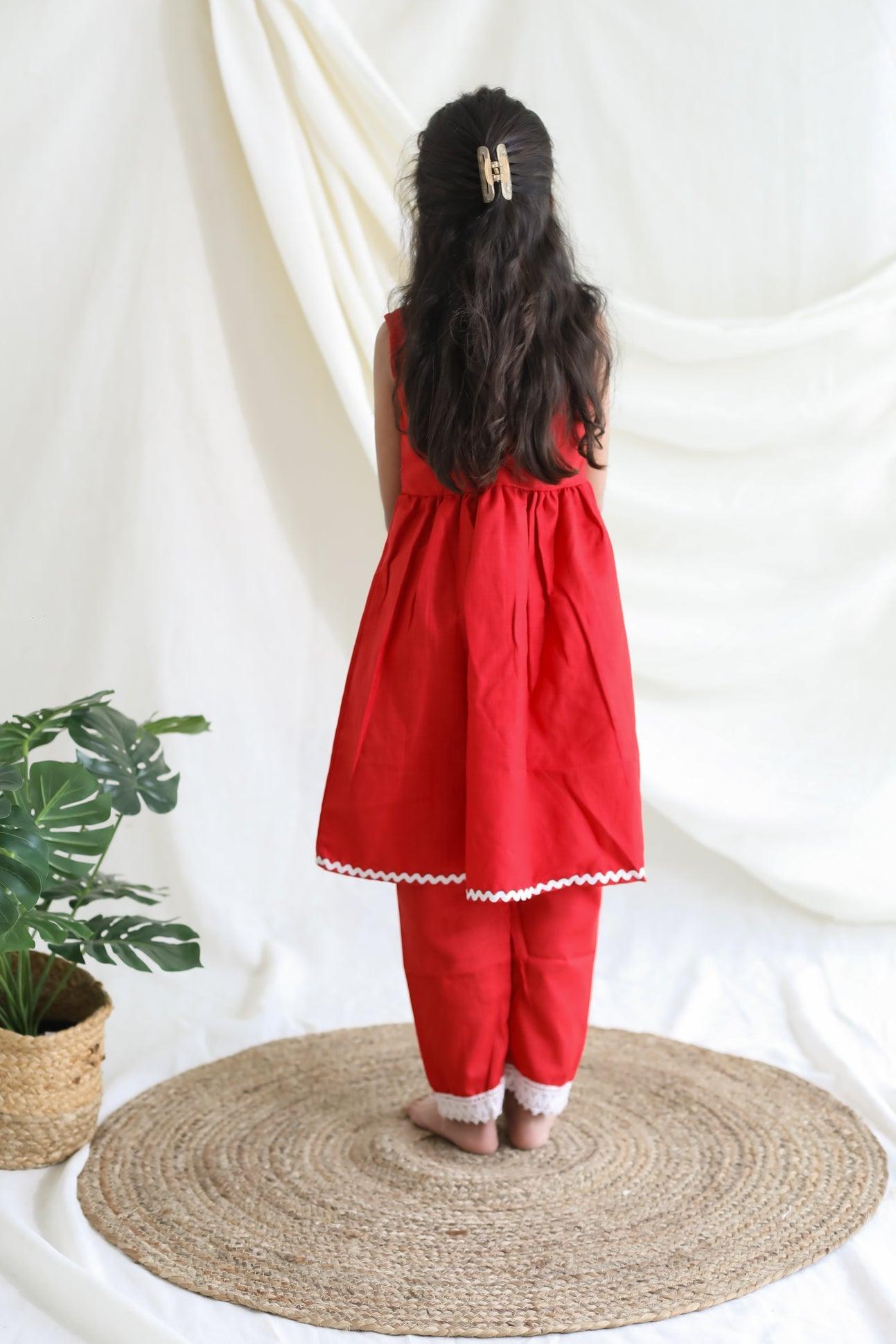 Girl Kurta and Pant Set - Solid Red with Lace