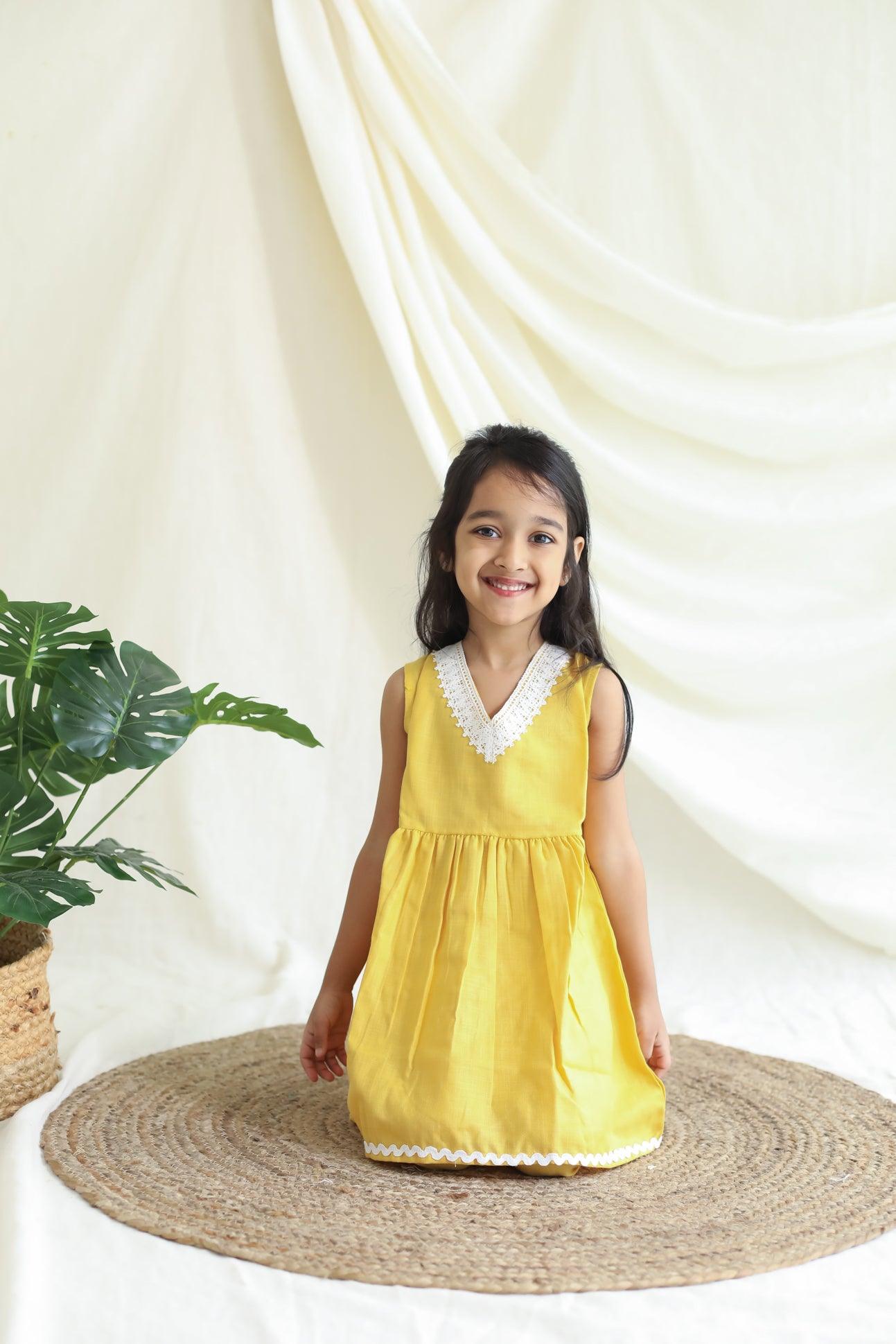 Girl Kurta and Pant Set - Solid Yellow with Lace