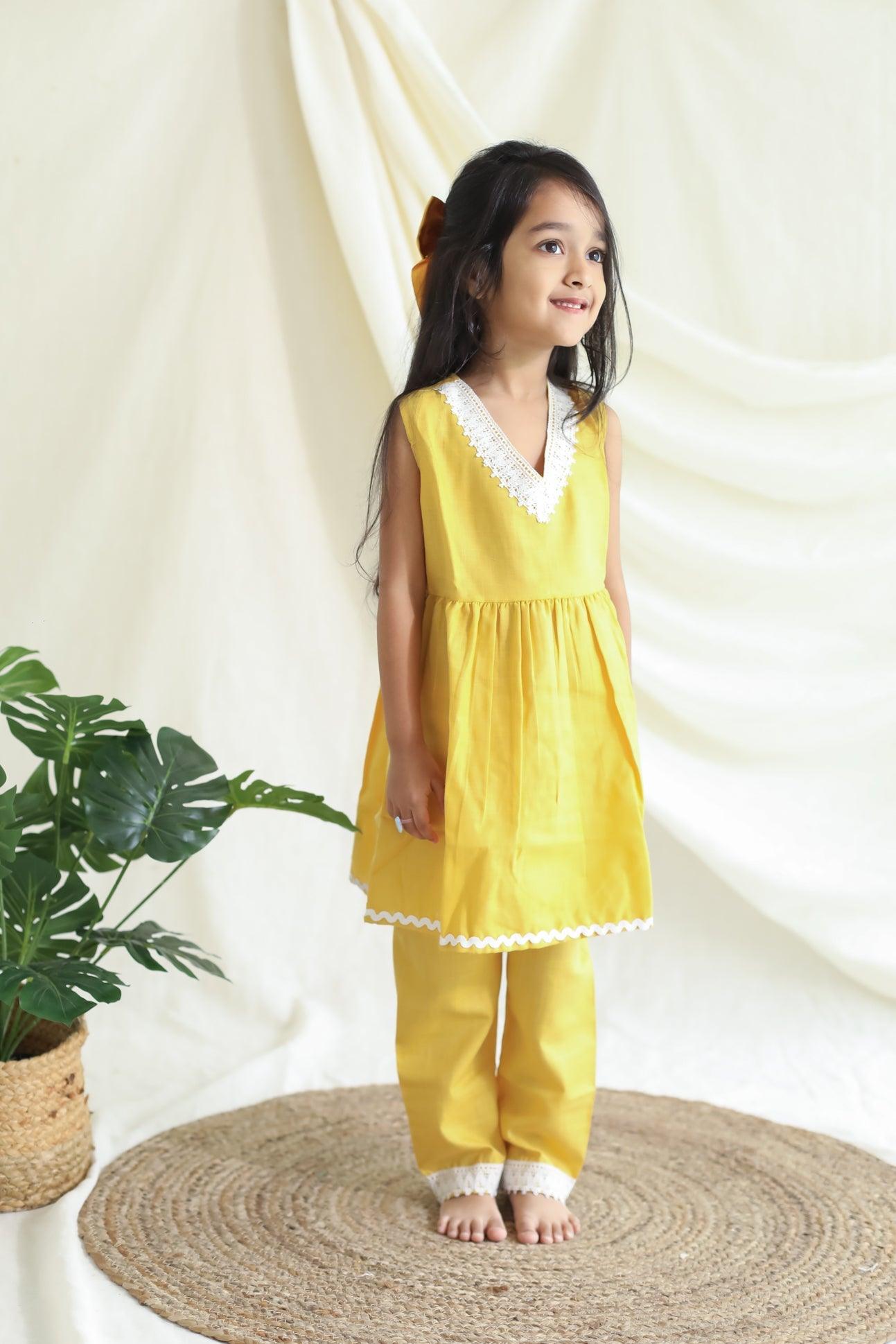 Girl Kurta and Pant Set - Solid Yellow with Lace